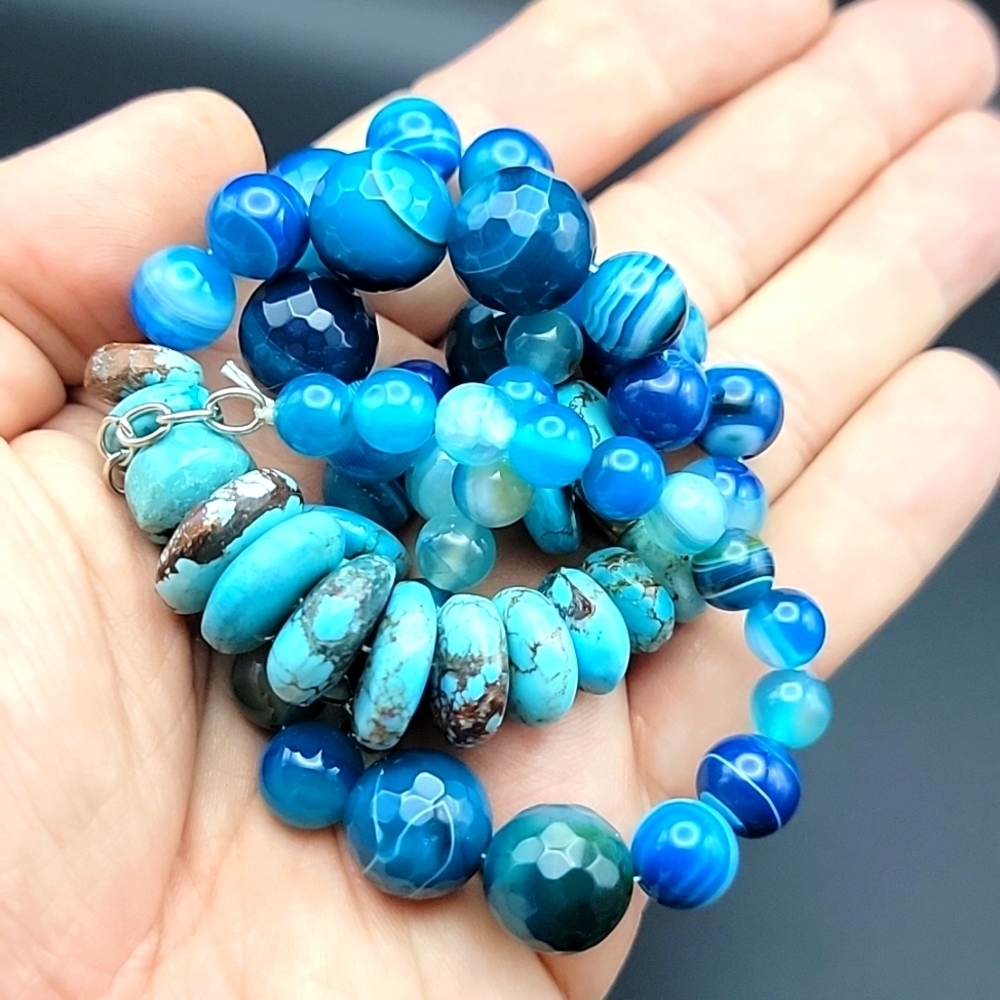 Untreated 495 Cts Natural Turquoise & Onyx Beaded Gemstone Necklace Unisex #1 - Picture 10 of 10